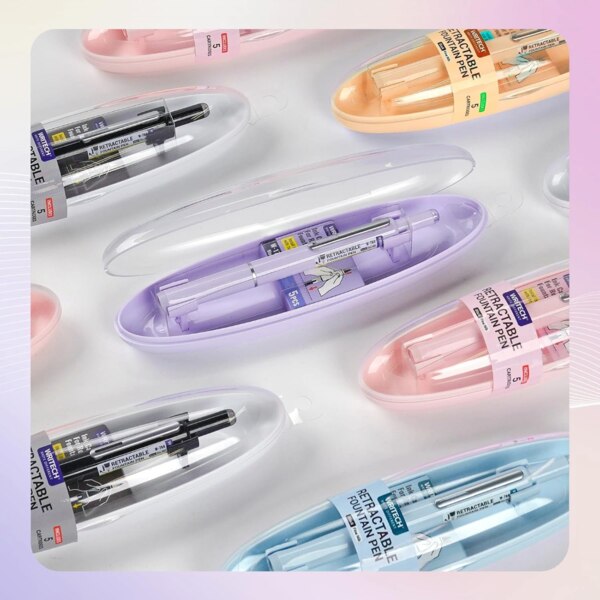 Product photography showing multiple pens in their cylinder shaped packaging
